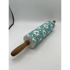 16" Pioneer Woman White Daisy Ceramic Rolling Pin Wood Handles "Flea Market"